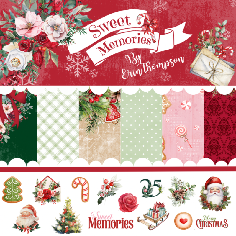 Collection of Christmas-themed design elements with 'Sweet Memories' by Erin Thompson text on a red background.